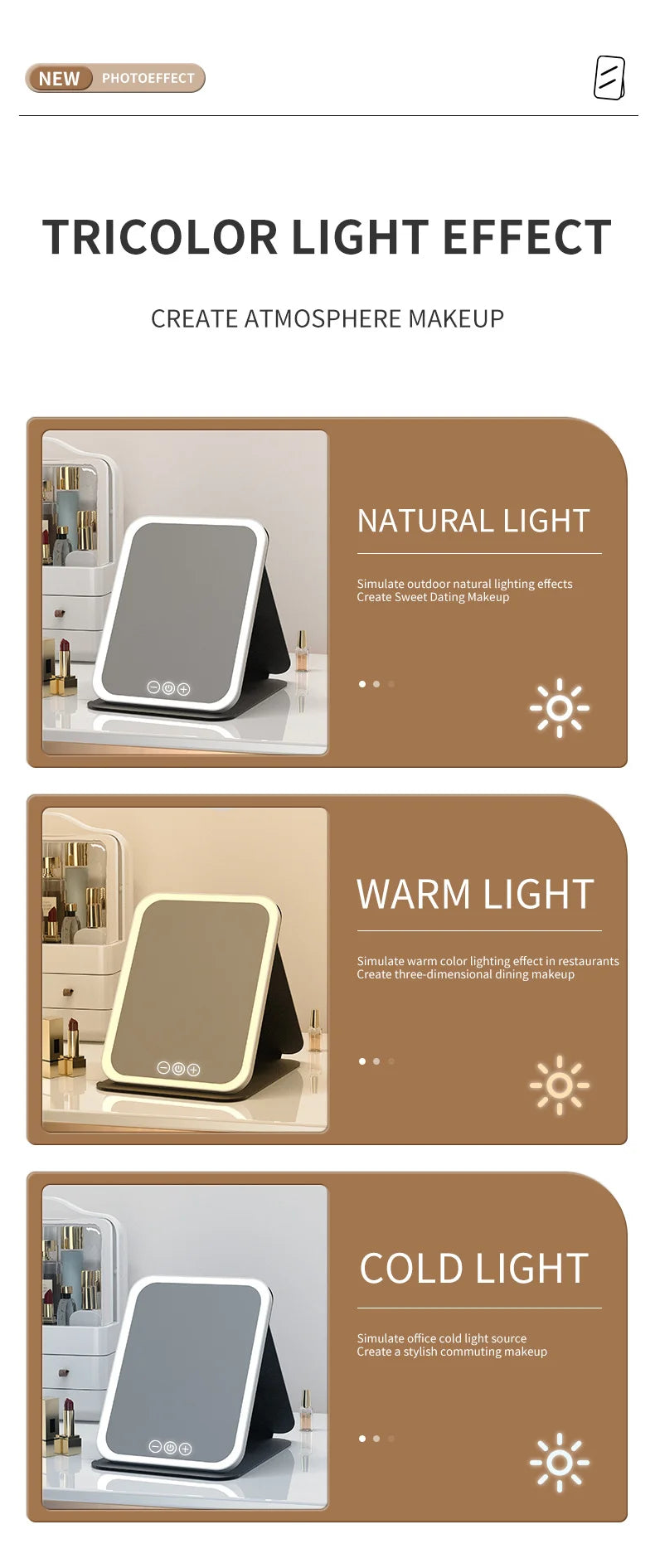 LED Vanity Mirror - 3 Color Light Modes
