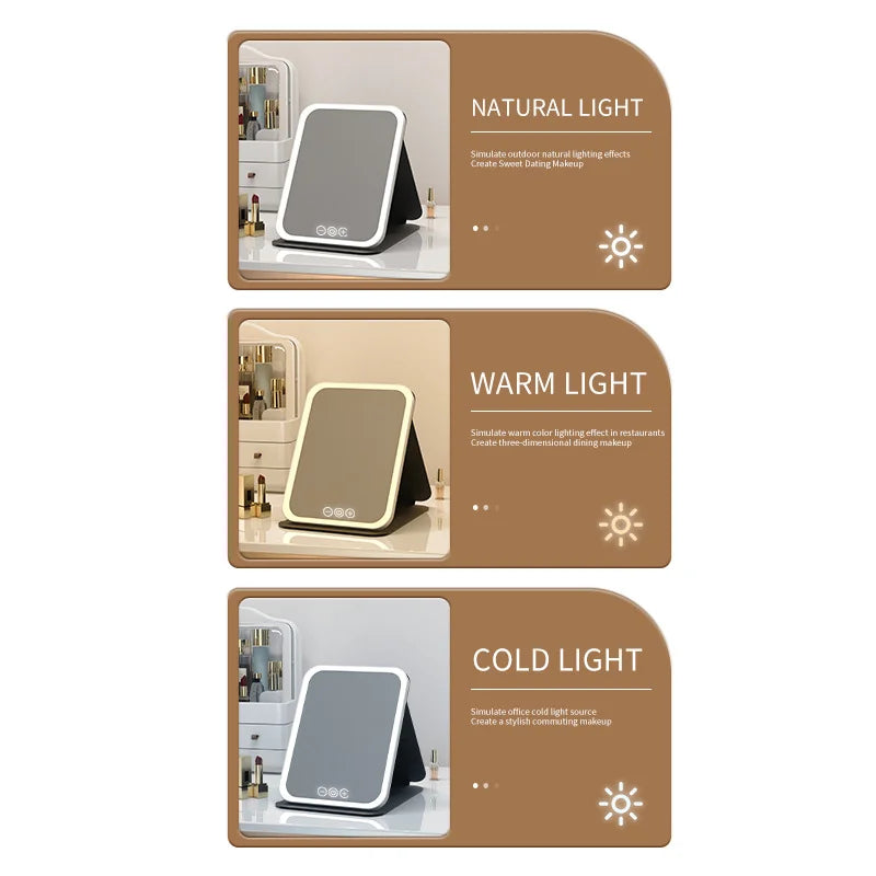 LED vanity mirror with 3 color light modes USB rechargeable