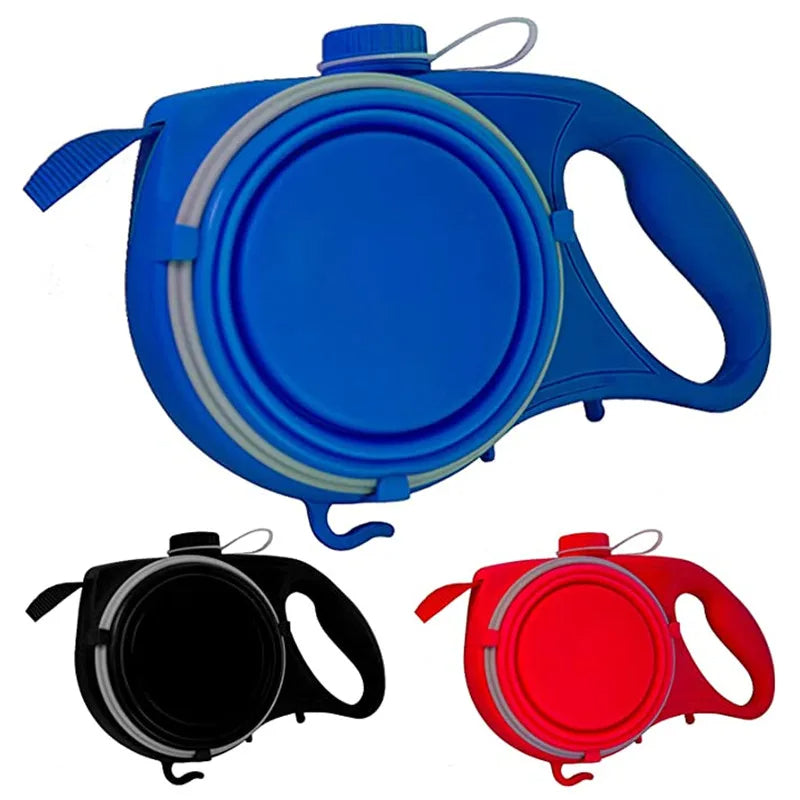4-in-1 dog leash with water bottle and bowl for walks