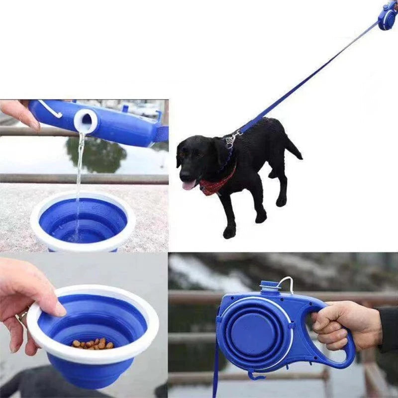 4-in-1 dog leash with water bottle and bowl for walks