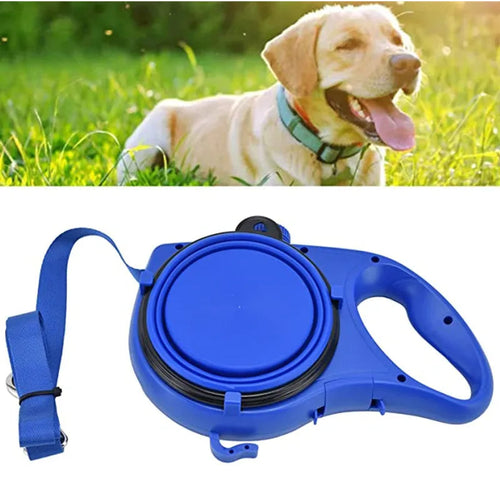 4-in-1 dog leash with water bottle and bowl for walks