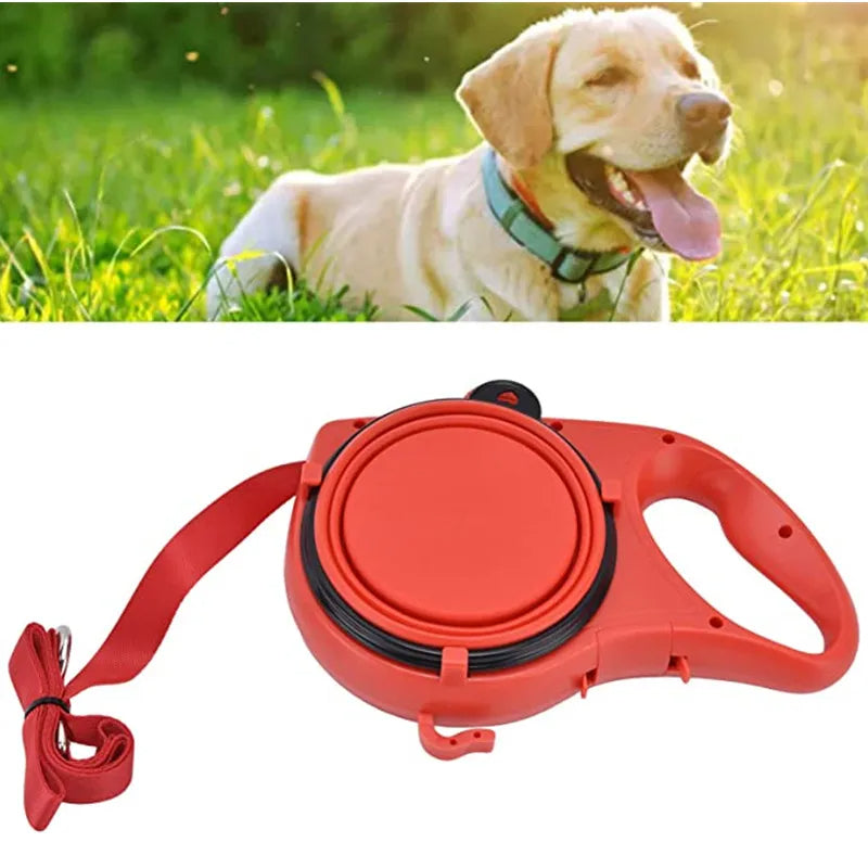 4-in-1 dog leash with water bottle and bowl for walks